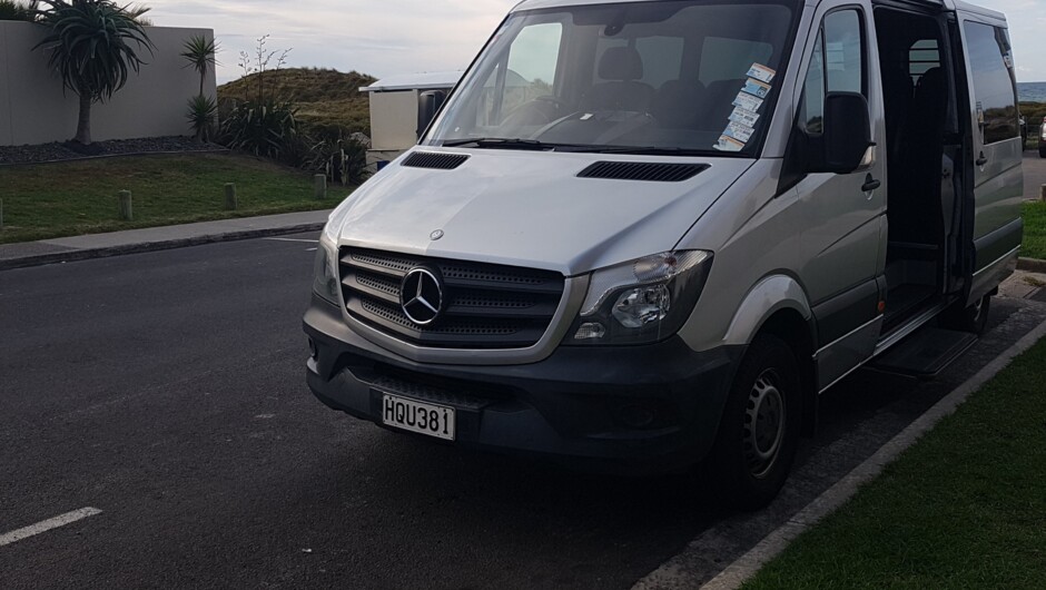 Mercedes Sprinter -one of the safest passenger service vehicles on  New Zealand roads. Luxuriously appointed with leather seating and huge luggage capacity.
