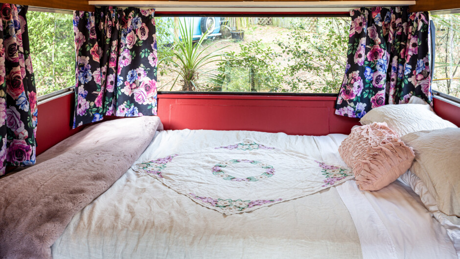 Super comfortable luxury retro caravan Ruby as second bedroom.