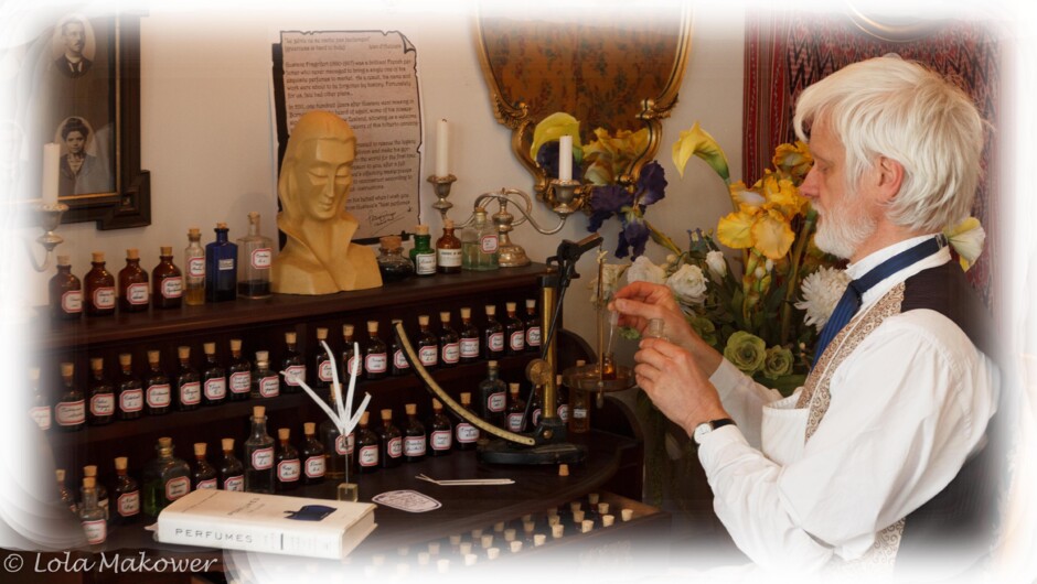 The perfumer, Francesco van Eerd, busy at his perfume organ.