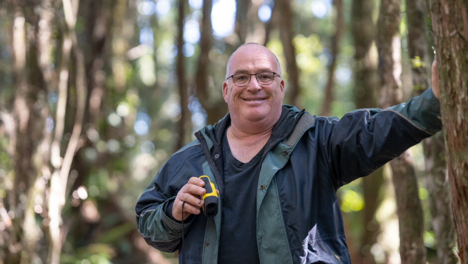 Phil Barker, big tree hunter is our guide at Hokitika.