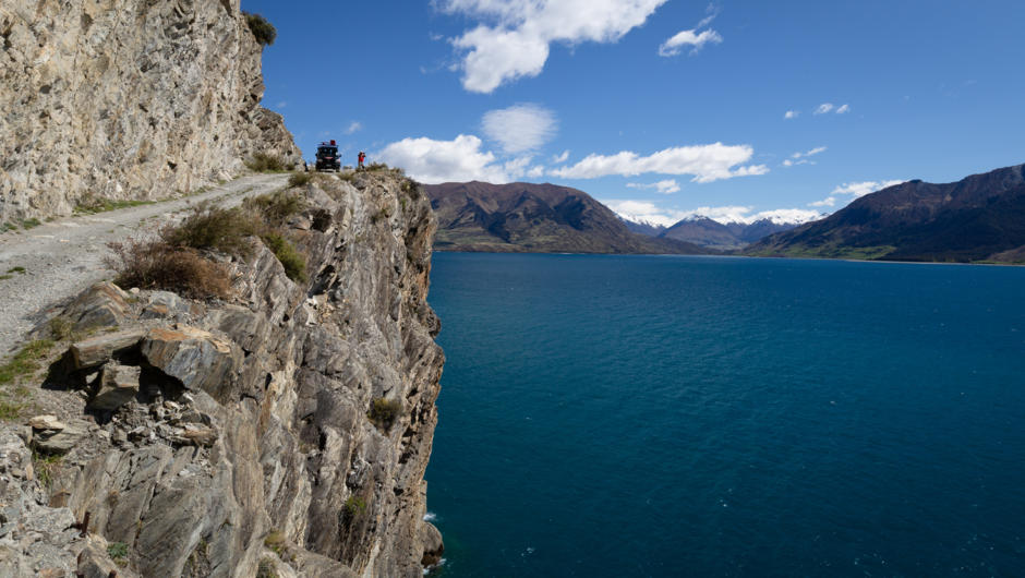 Jaw-dropping journey around Lake Hawea. Don't look down, it's 50m straight into the lake.