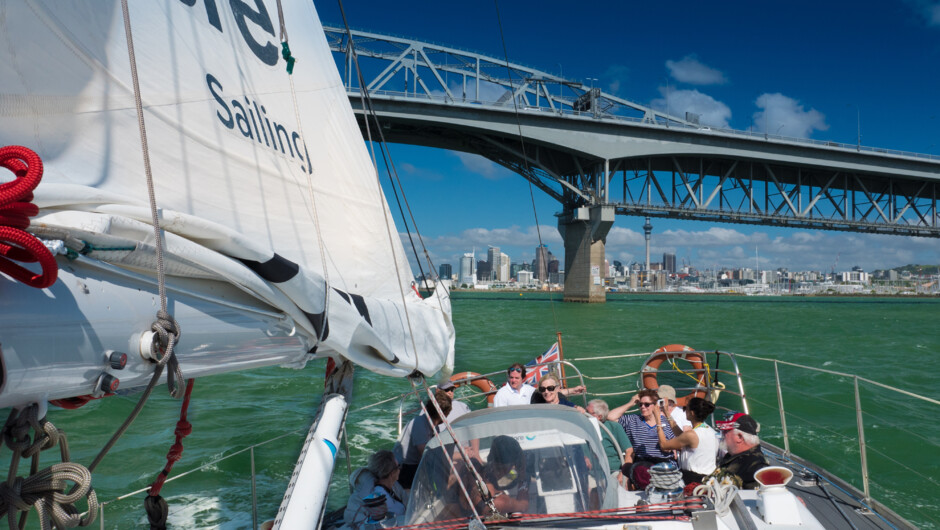 Auckland Harbour Sailing experience with harbour bridge in background
