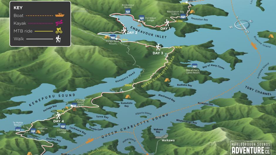 4 day hike itinerary of Queen Charlotte Track. The freedom walk options are the same itinerary