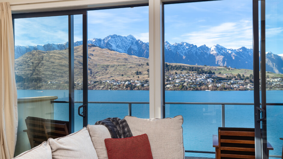 Lake and mountain views from the lounge and private balcony