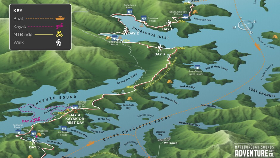 5 Day guided hike itinerary of Queen Charlotte Track. The freedom walk options are the same itinerary