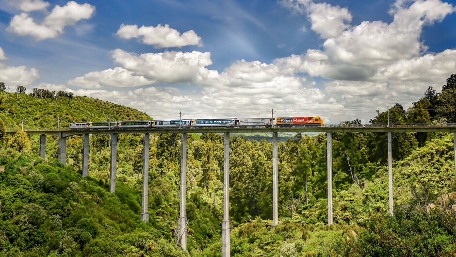Take the Northern Explorer scenic train across the awe inspiring Hapuawhenua Viaduct
