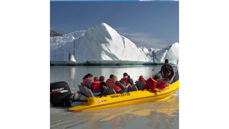 The Glacier Explorers tour is the only one of its kind in New Zealand and one of only three in the world! Very few glaciers terminate into lakes and even fewer of them are accessible. See towering ice cliffs and floating icebergs from the safety of a spec