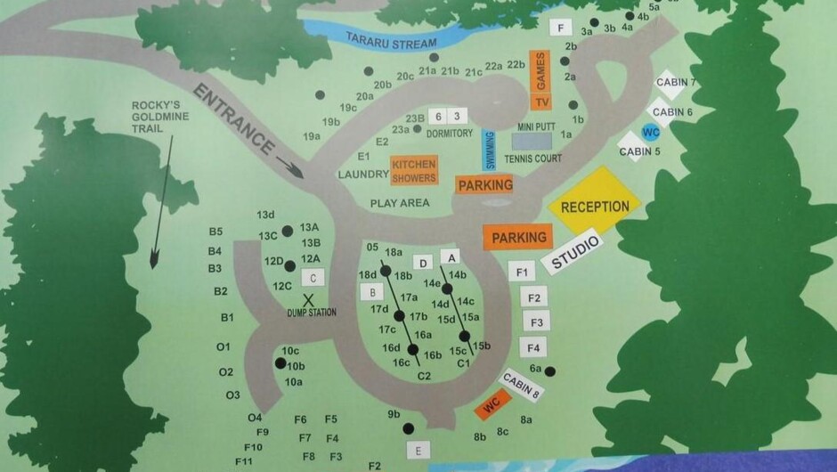 Map of Dickson Park, Look at what you can enjoy at the Park.  Back packers enjoy clean rooms, clean showers and amenities with kitchen and picnic tables, Great for fun fishing groups or family groups, great economical way for groups to get away.