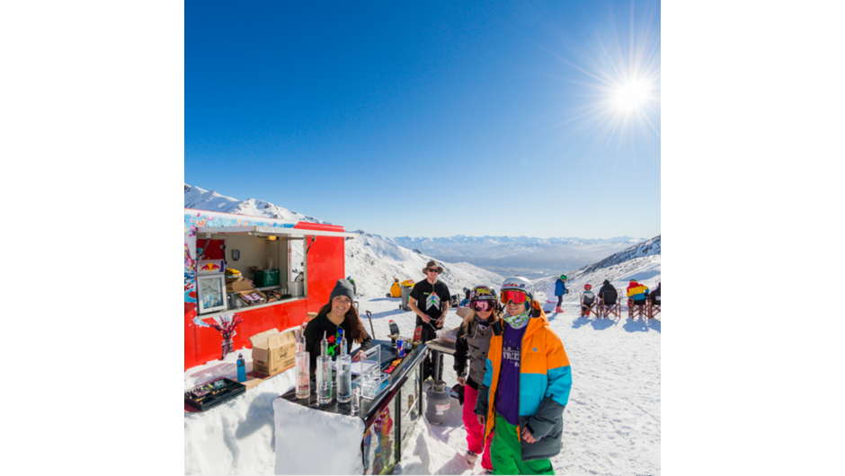 Enjoy a cold or hot beverage at the Ice Bar up the Remarkables Ski Field.