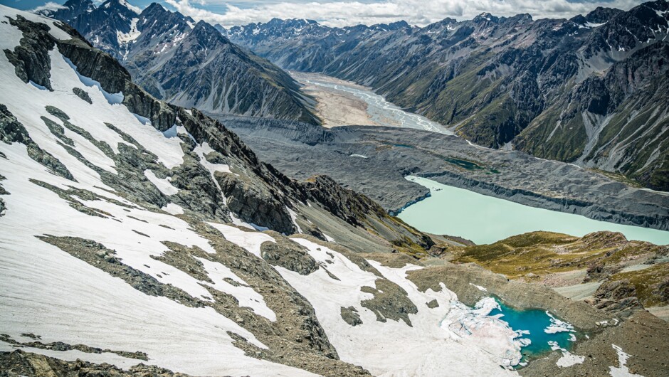 High above Mabel Col looking out over the Tasman Glacier Lake