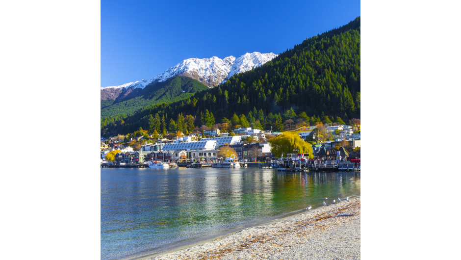 Lakefront in Queenstown on a crisp winter's day. Filled with delicious eateries and bars, the town always has a real buzz about it.