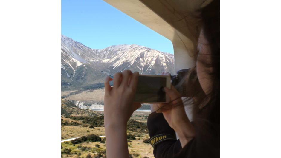 TranzAlpine Train from the outside viewing platform. Get ready to breathe in that crisp, fresh mountain air.
