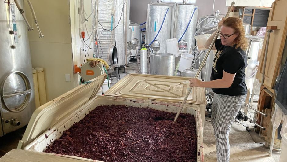 Owner/Winemaker Nicky Geary from Le Gra Vineyard hard at work on the Pinot Noir 2023 vintage.