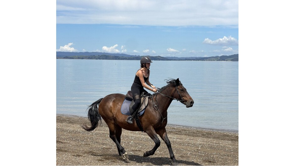 An advanced rider enjoying a canter on the beach.