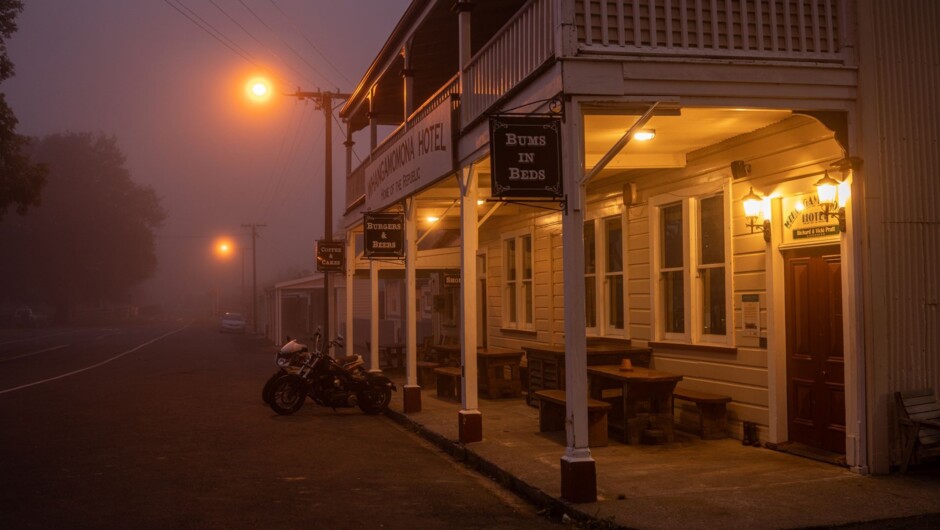 A misty morning in Whangamomona enhances the historic and mythical charm of one of New Zealand's most iconic hotels