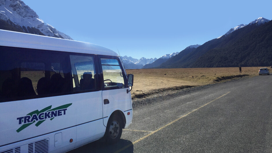 Bus at Eglington Valley, heading towards Milford Sound and Routeburn Track Divide end