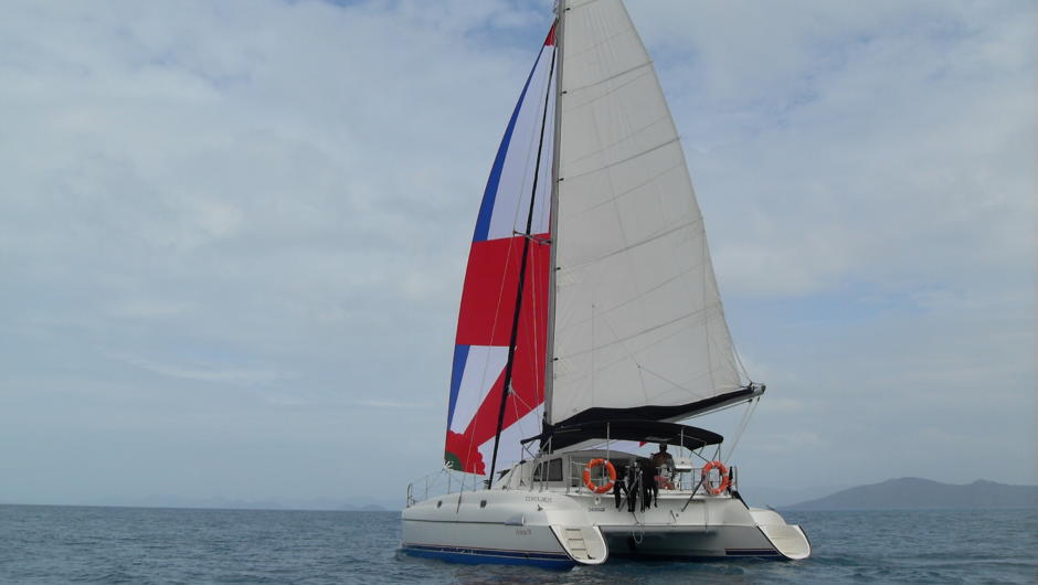 Centaurus, a Fountaine-Pajot Athena 38 sailing catamaran.  Group charters for up to 12 people.