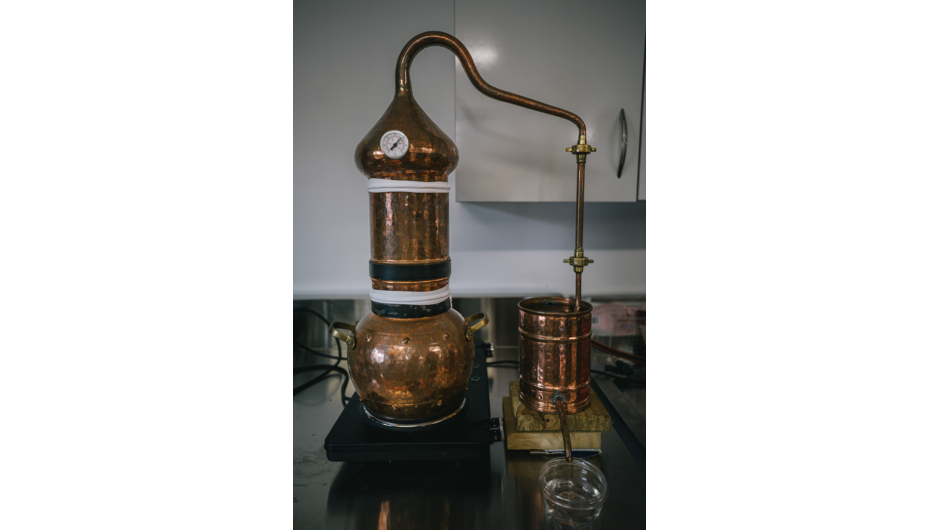 Copper still Sputnik in use at Papaiti Gin Distillery.