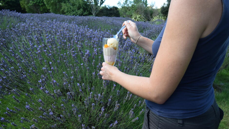 Lavender knickerbocker glory in the lavender.  We serve ice-cream in cones in the summer, tubs in the winter,  and as more speciality deserts.