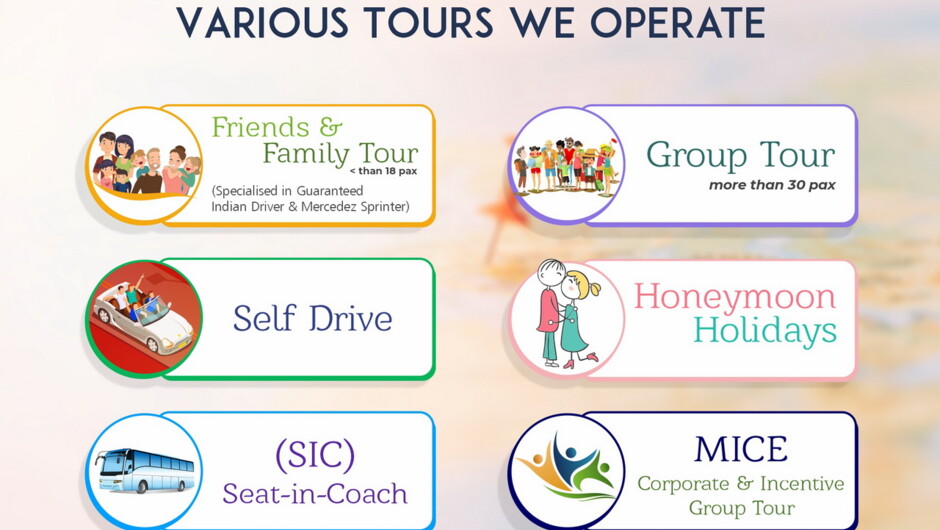 Various Tours we operate - New Zealand Group Tours, New Zealand Self Drive Holiday Package, SIC Tour Package, MICE Tour Package from India, New Zealand Honeymoon Package, Luxurious New Zealand Tour Package.