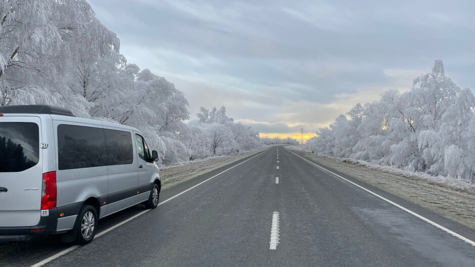 Van on frosty road