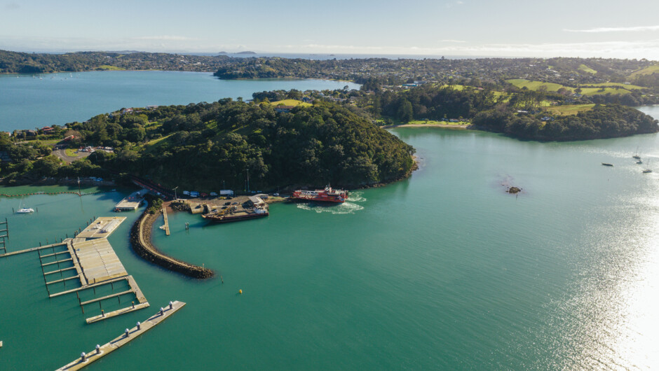 Aerial view of SeaQuest parked at Waiheke Island.