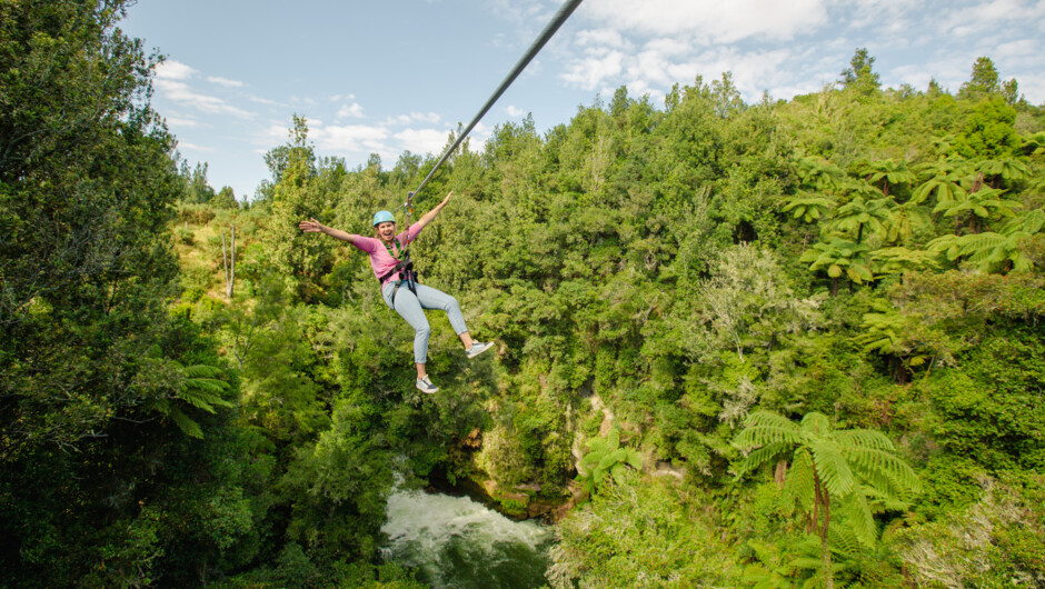 Zipline over the waterfalls of the Kaituna River including the highest commercially rafted waterfall in the world - Tutea Falls.