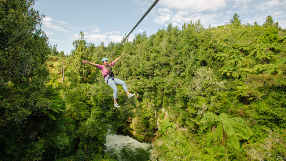 Zipline over the highest commercially rafted waterfalls in the world - 7 metre Tutea Falls.