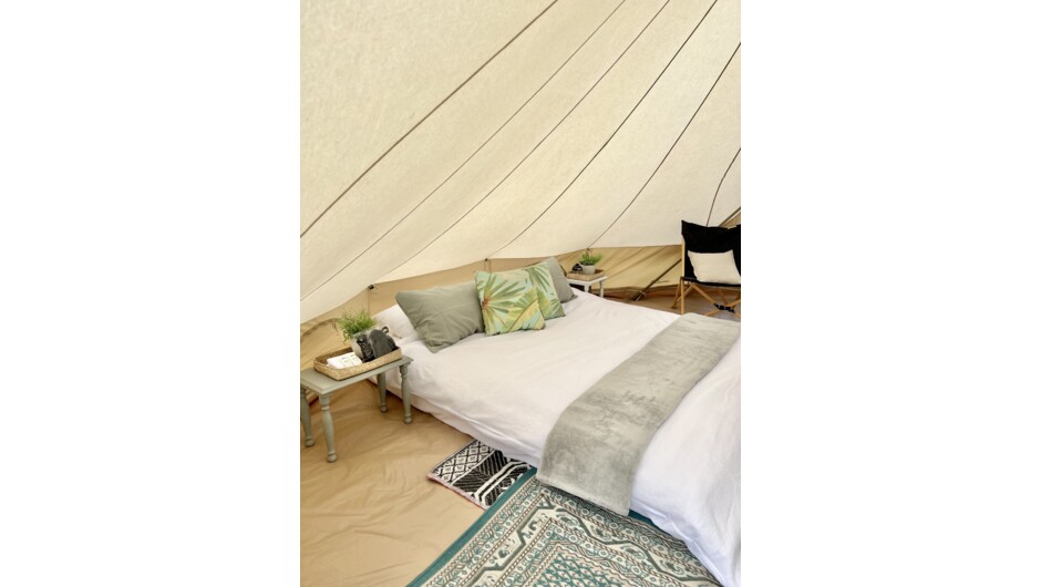 Inside a Camplight Pop-Up Hotel Glamping Tent: Featuring a King Foam Mattress