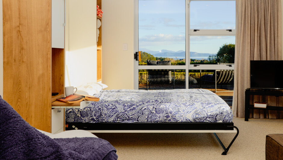 Tilt double-size bed in the living room, with the deck and view.