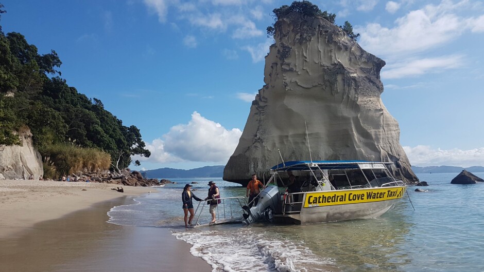The exciting arrival at Cathedral Cove
