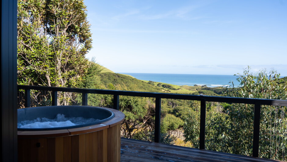 Tranquil private hot tub on accommodation deck with stunning ocean and native forest views