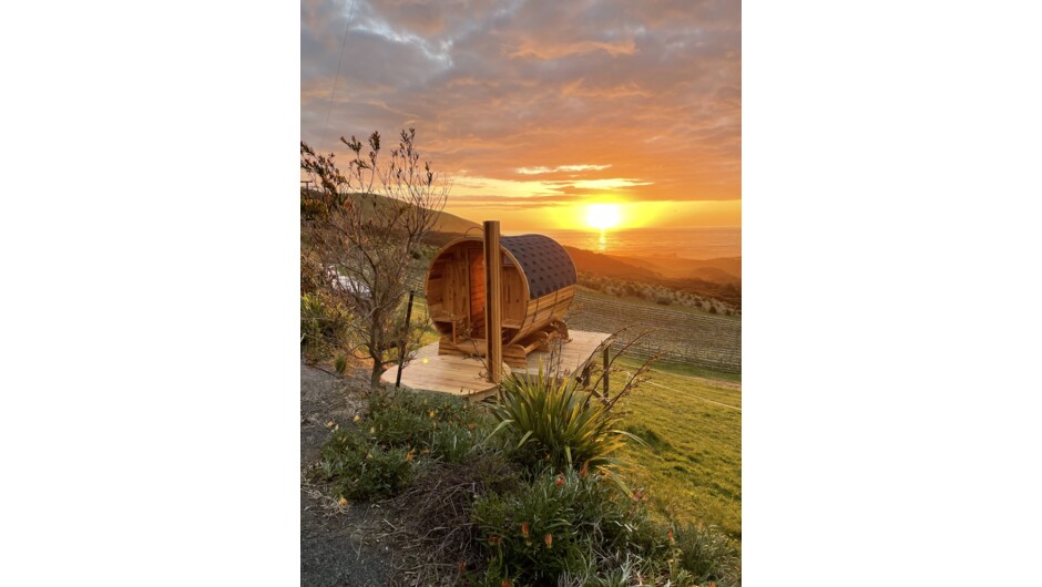 Barrel sauna overlooking one of Barrelled Wine’s famous sunsets.