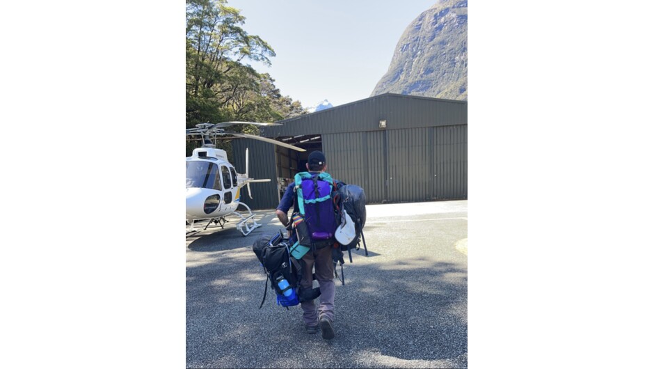 Loading up the helicopter ready to depart for Martins Bay on the Hollyford Track.