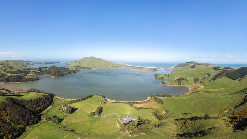 Aerial drone picture of Hooper&#039;s Lodge and the Otago Peninsula