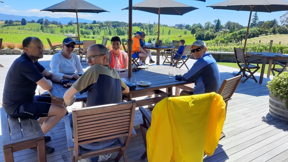 Cyclists enjoying a wine tasting at Gravity Winery