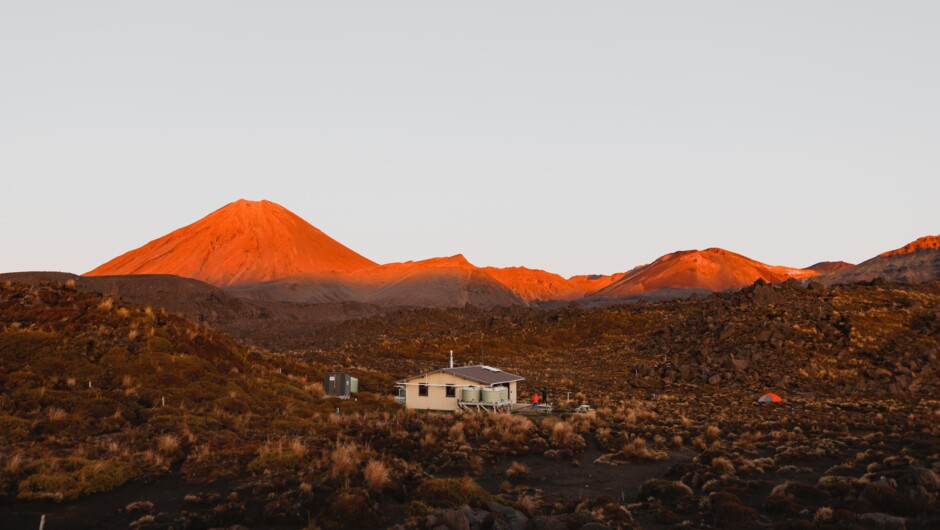 Sunrise over Oturere Hut with Ngauruhoe in the background.