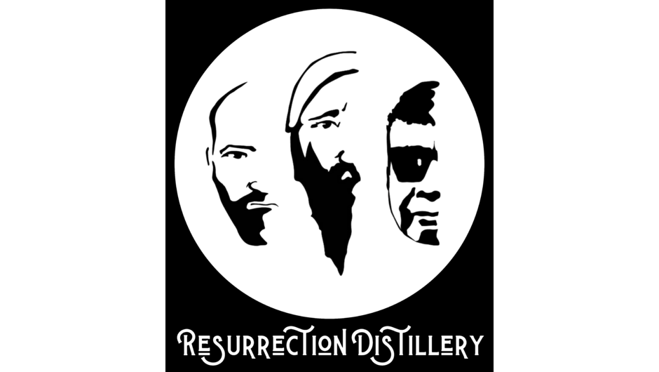 Logo of Resurrection Distillery showing the three blokes involved in the business.