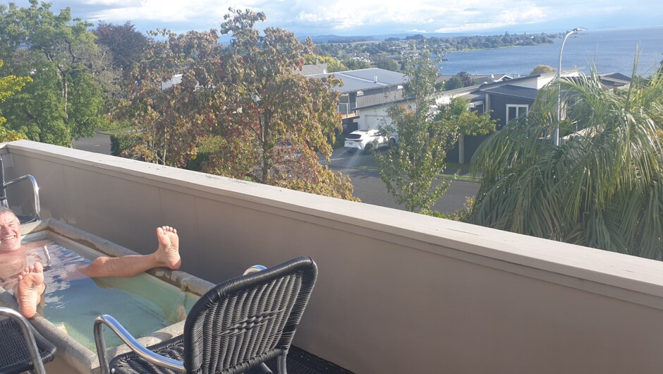 After a day out relax with a soak in the thermal bath and take in the stunning views out over Lake Taupo.