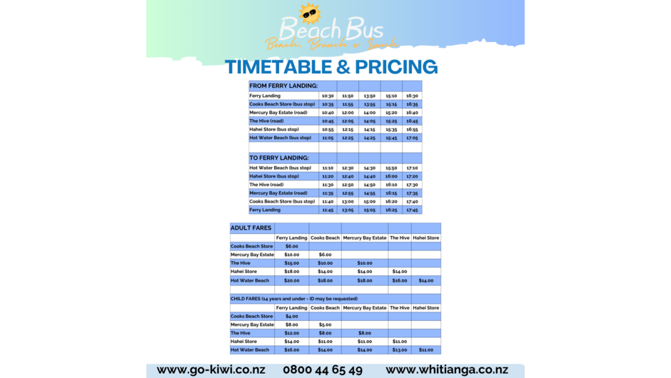 Timetable and pricing