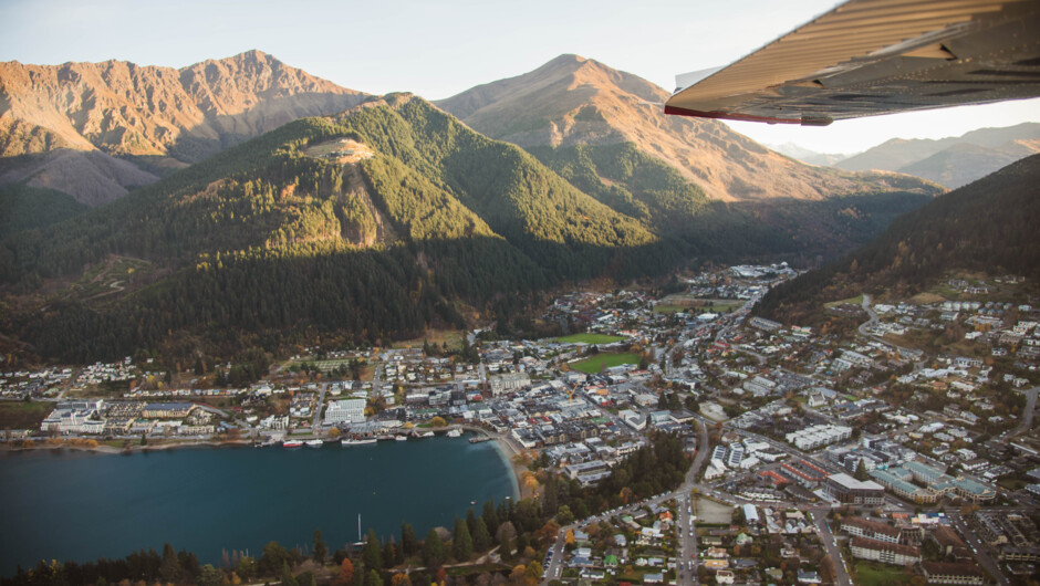 Flying back over Queenstown before landing at the Queenstown airport after the Sunrise Flight