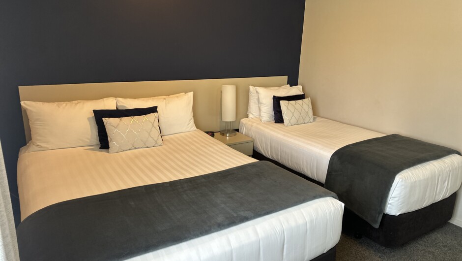 标准一室一厅
1 x 双人床+1 x 超大单人床放在一个房间，一个客厅