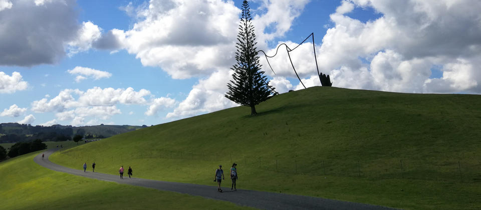 Walk along the larger than life sculptures at Gibbs Farm