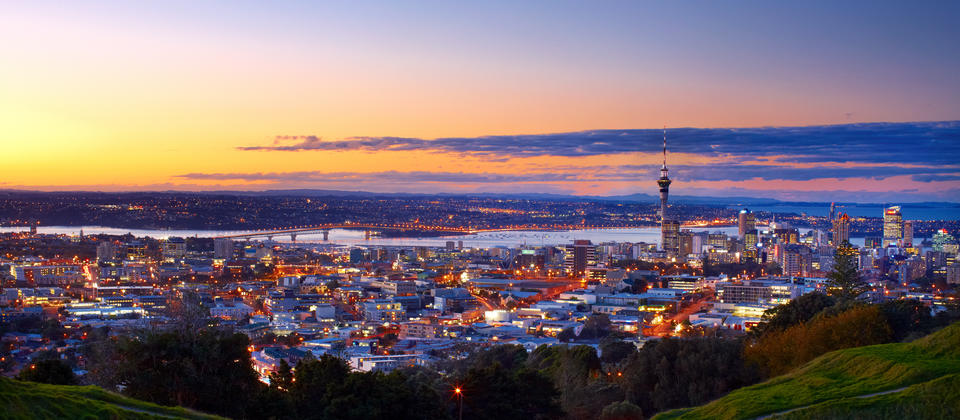 The evening skyline of Auckland’s city lights from Mount Eden.