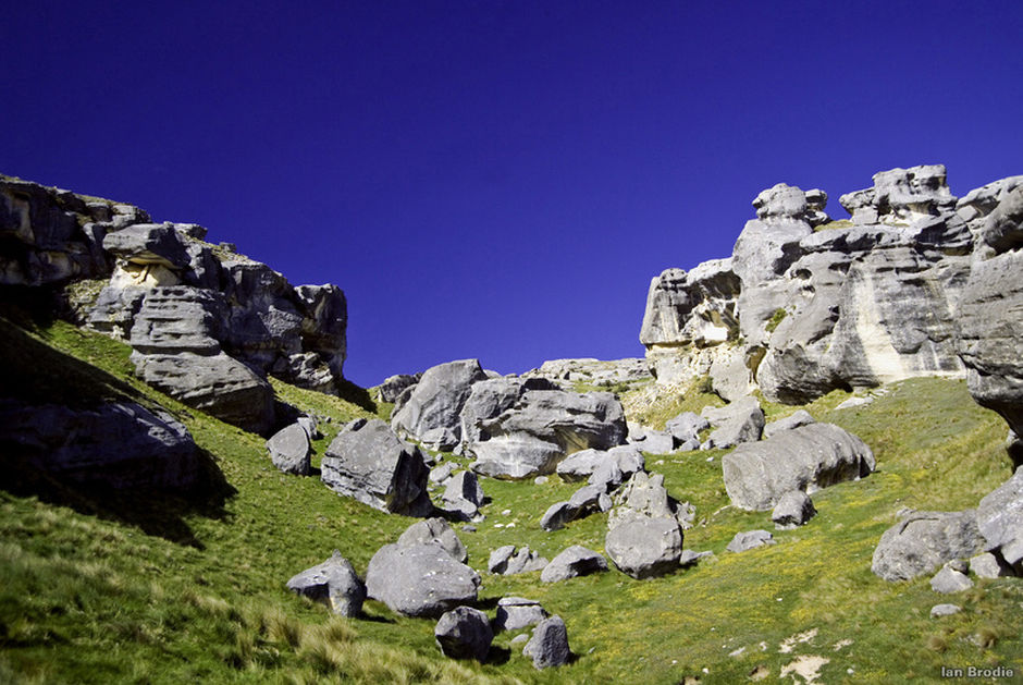The limestone boulders and tors of Flock Hill, west of Christchurch, provided a dramatic backdrop for filming.