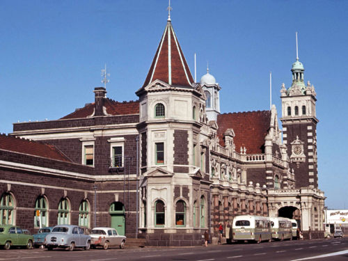 New Zealand Railway buses outside the railway station in Dunedin, New Zealand.