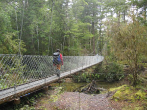 Crossing the bridge at Forest Burn on the Kepler Track.