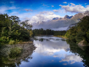 Darran Mountains above Pyke River on the Hollyford Track.