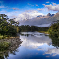 Darran Mountains above Pyke River on the Hollyford Track.