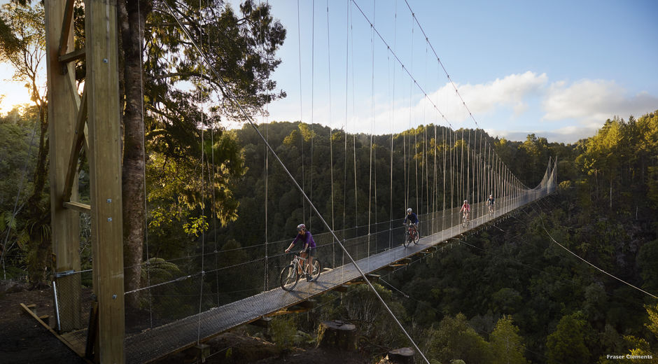 This long suspension bridge is surrounded by lush New Zealand scenery.